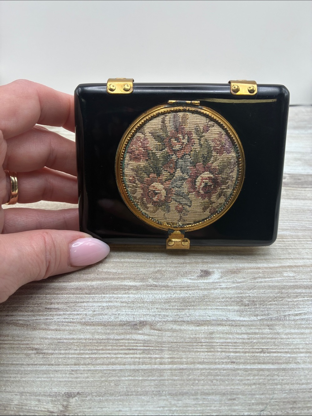 Vintage Lucite Black Compact with Floral Tapestry